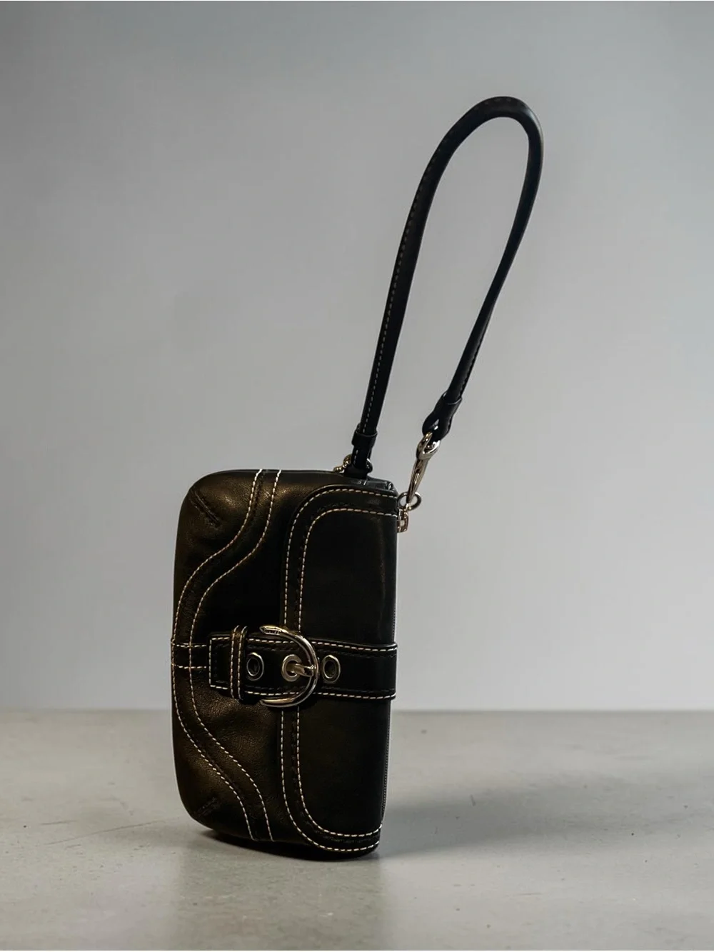 Coach Black Leather Wristlet with White Contrast Stitching